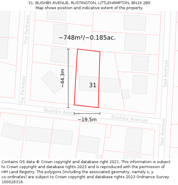 31, BUSHBY AVENUE, RUSTINGTON, LITTLEHAMPTON, BN16 2BX: Plot and title map