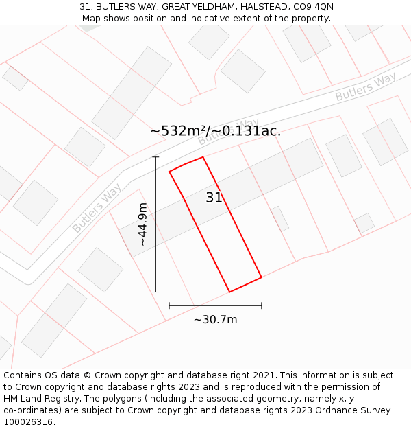 31, BUTLERS WAY, GREAT YELDHAM, HALSTEAD, CO9 4QN: Plot and title map