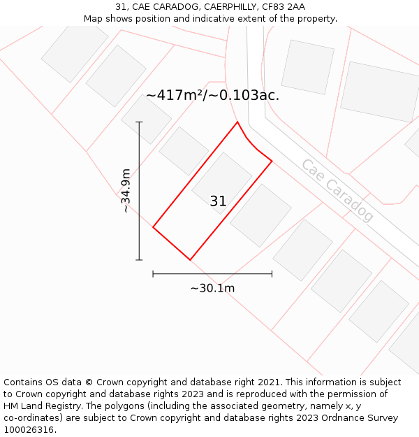 31, CAE CARADOG, CAERPHILLY, CF83 2AA: Plot and title map