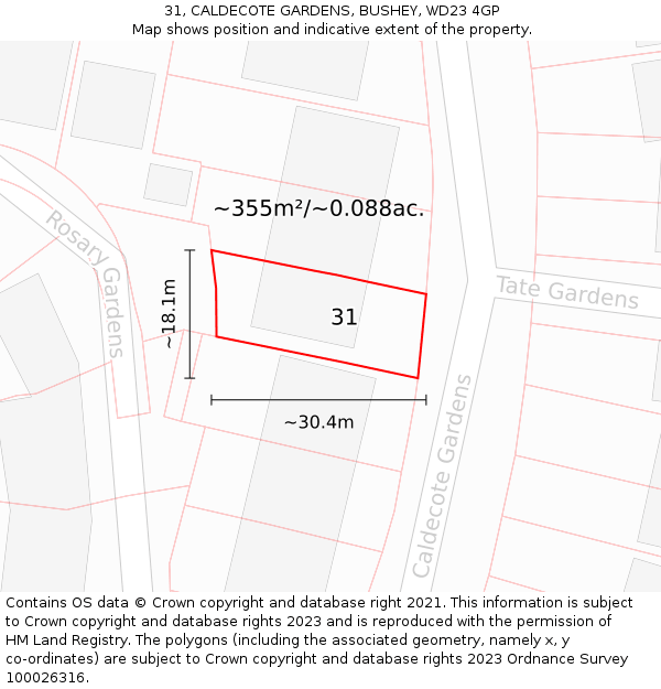 31, CALDECOTE GARDENS, BUSHEY, WD23 4GP: Plot and title map