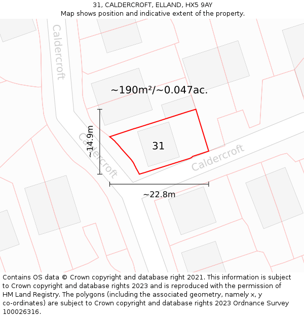 31, CALDERCROFT, ELLAND, HX5 9AY: Plot and title map