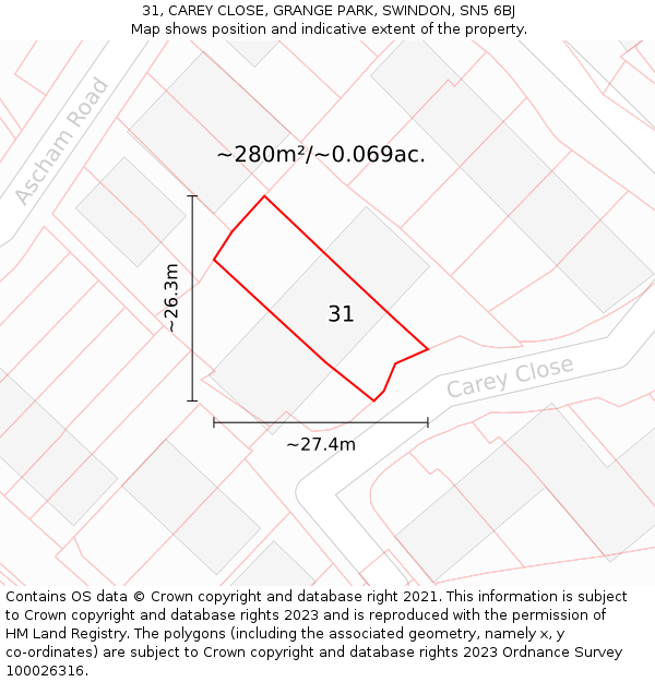 31, CAREY CLOSE, GRANGE PARK, SWINDON, SN5 6BJ: Plot and title map