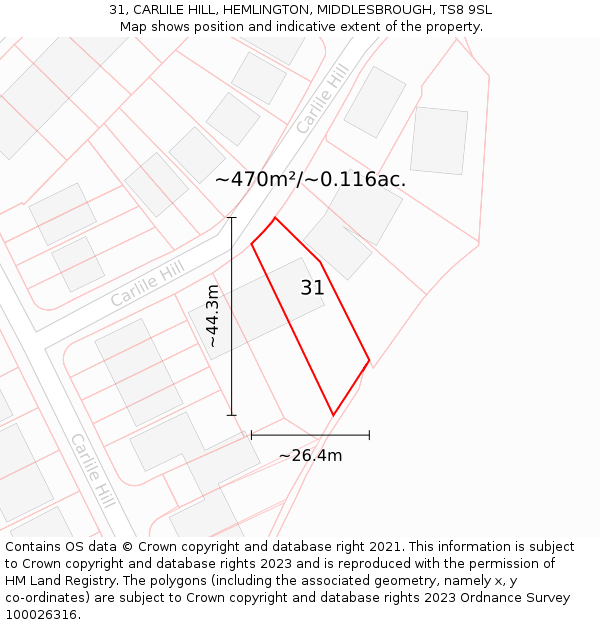 31, CARLILE HILL, HEMLINGTON, MIDDLESBROUGH, TS8 9SL: Plot and title map