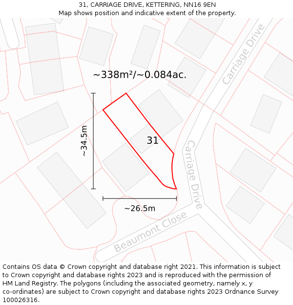 31, CARRIAGE DRIVE, KETTERING, NN16 9EN: Plot and title map