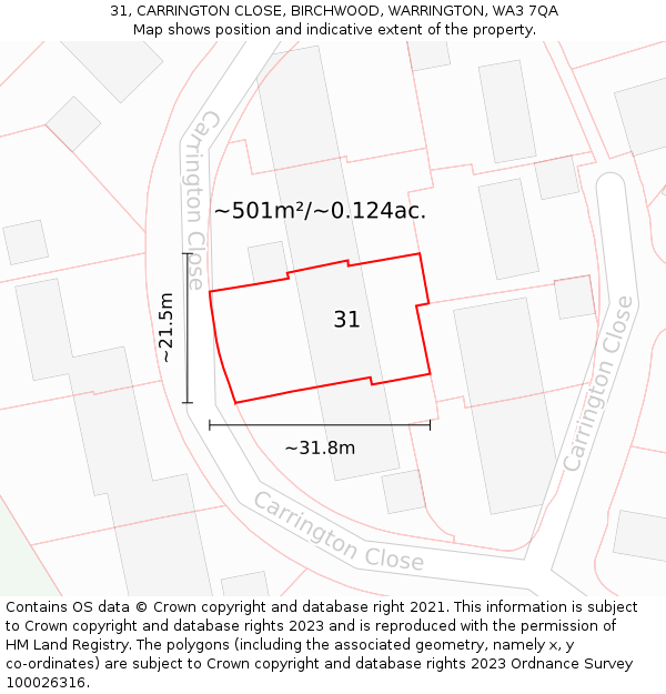 31, CARRINGTON CLOSE, BIRCHWOOD, WARRINGTON, WA3 7QA: Plot and title map