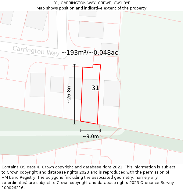 31, CARRINGTON WAY, CREWE, CW1 3YE: Plot and title map