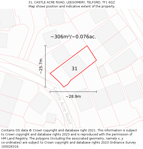 31, CASTLE ACRE ROAD, LEEGOMERY, TELFORD, TF1 6QZ: Plot and title map