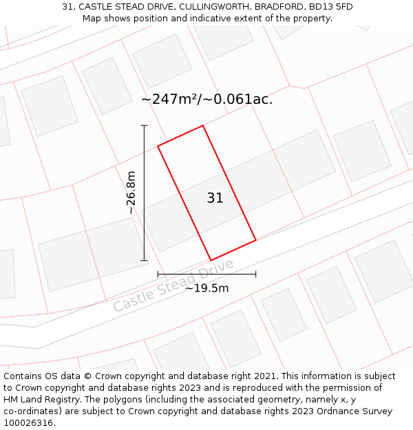 31, CASTLE STEAD DRIVE, CULLINGWORTH, BRADFORD, BD13 5FD: Plot and title map