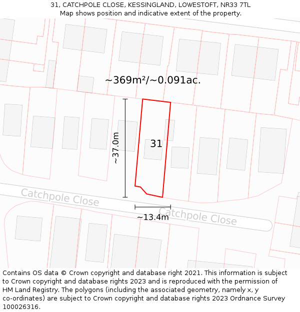 31, CATCHPOLE CLOSE, KESSINGLAND, LOWESTOFT, NR33 7TL: Plot and title map