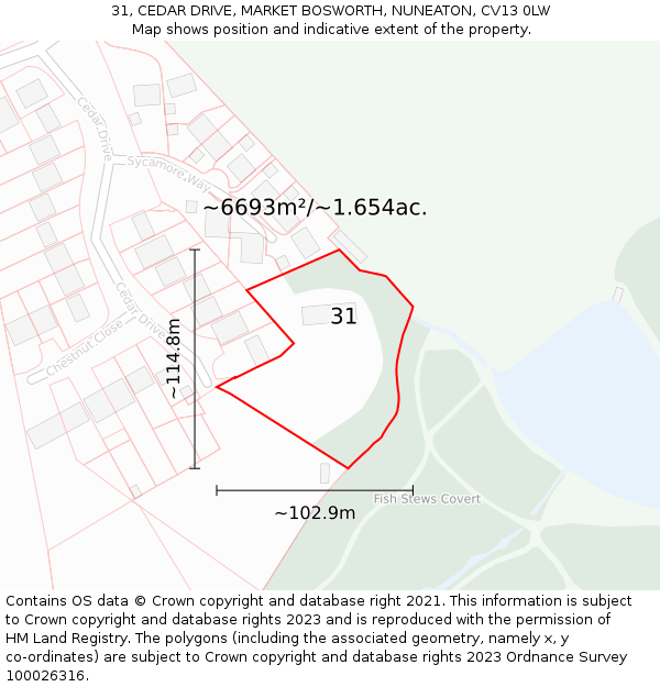 31, CEDAR DRIVE, MARKET BOSWORTH, NUNEATON, CV13 0LW: Plot and title map