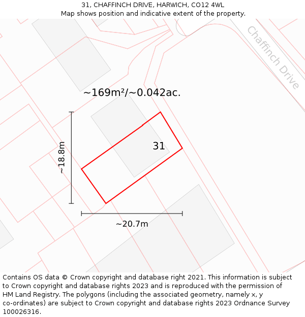 31, CHAFFINCH DRIVE, HARWICH, CO12 4WL: Plot and title map