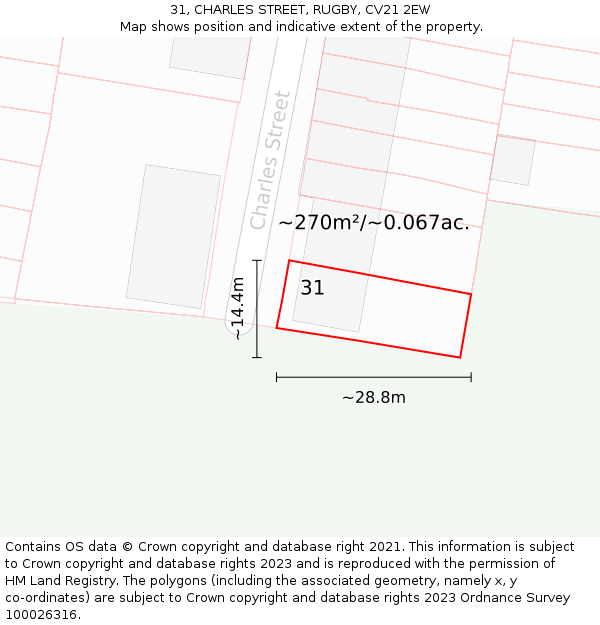 31, CHARLES STREET, RUGBY, CV21 2EW: Plot and title map