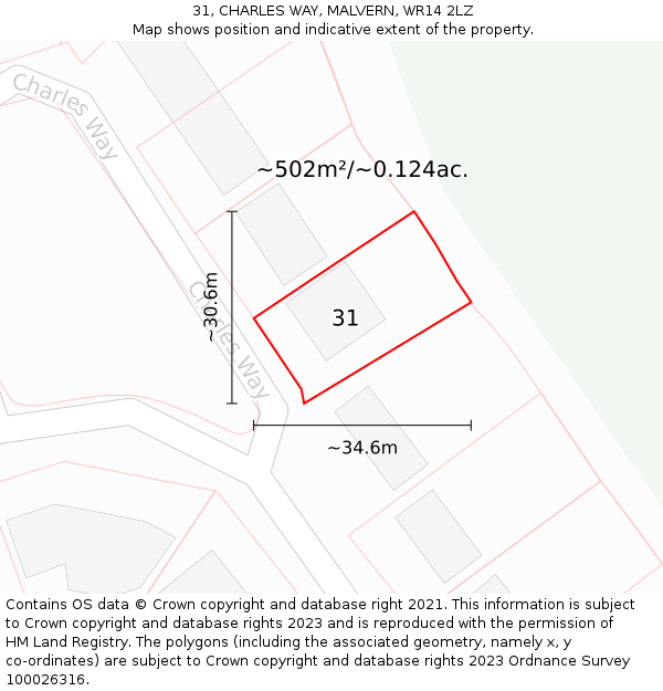 31, CHARLES WAY, MALVERN, WR14 2LZ: Plot and title map