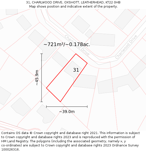 31, CHARLWOOD DRIVE, OXSHOTT, LEATHERHEAD, KT22 0HB: Plot and title map