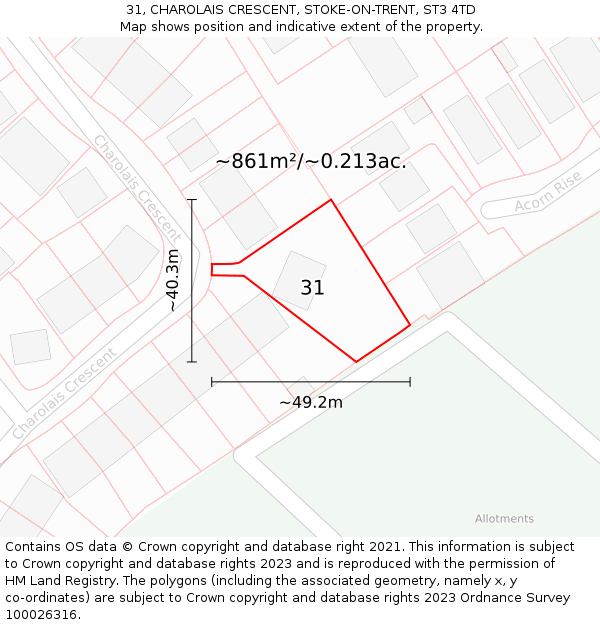 31, CHAROLAIS CRESCENT, STOKE-ON-TRENT, ST3 4TD: Plot and title map