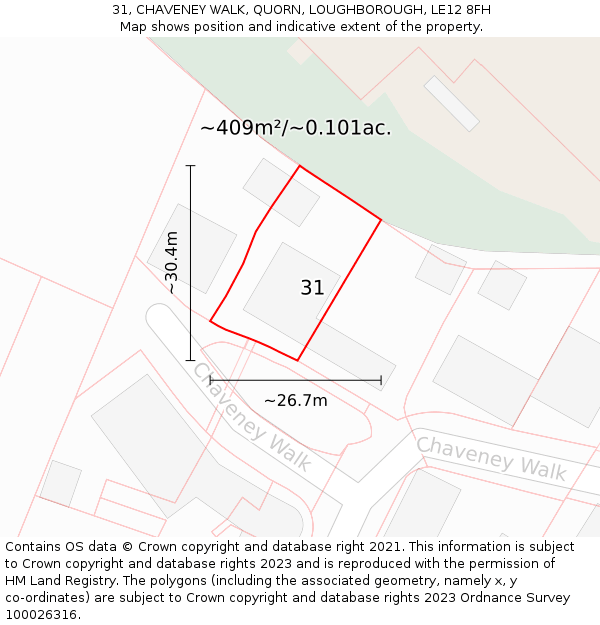 31, CHAVENEY WALK, QUORN, LOUGHBOROUGH, LE12 8FH: Plot and title map