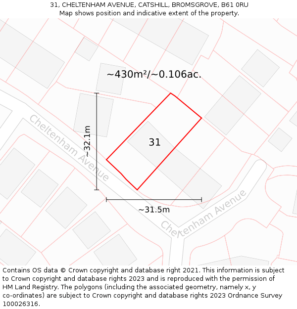 31, CHELTENHAM AVENUE, CATSHILL, BROMSGROVE, B61 0RU: Plot and title map