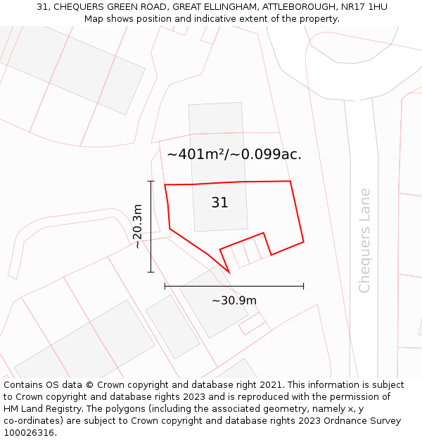 31, CHEQUERS GREEN ROAD, GREAT ELLINGHAM, ATTLEBOROUGH, NR17 1HU: Plot and title map