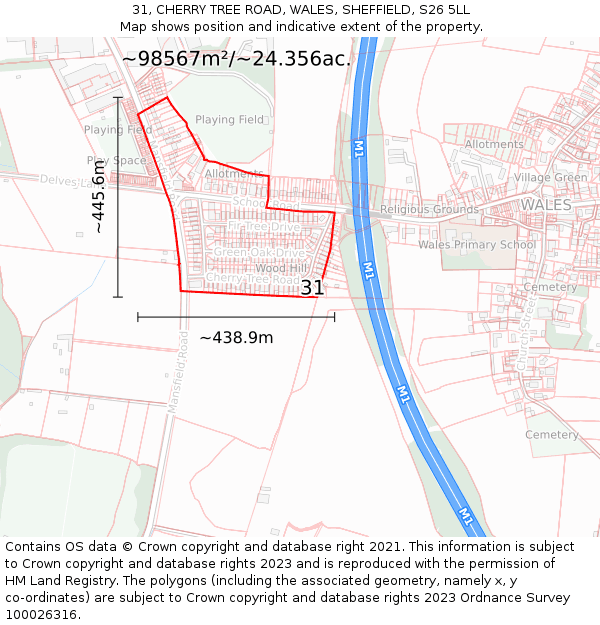 31, CHERRY TREE ROAD, WALES, SHEFFIELD, S26 5LL: Plot and title map