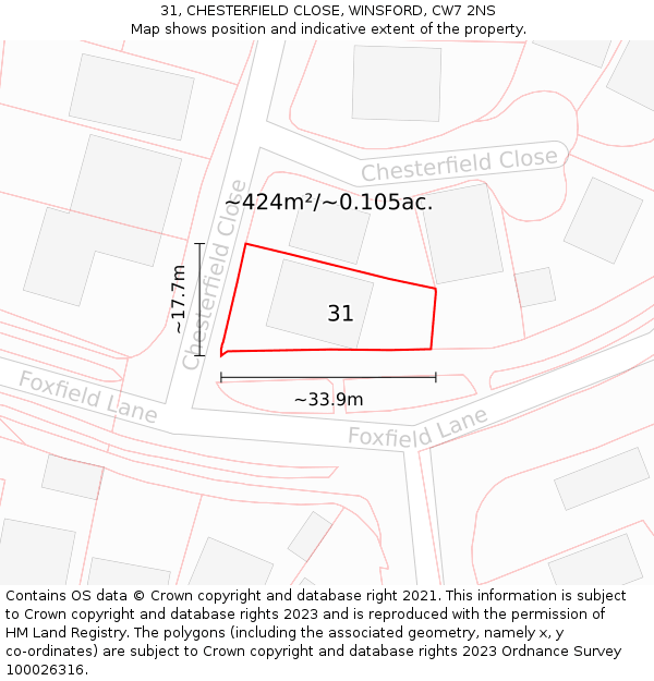 31, CHESTERFIELD CLOSE, WINSFORD, CW7 2NS: Plot and title map