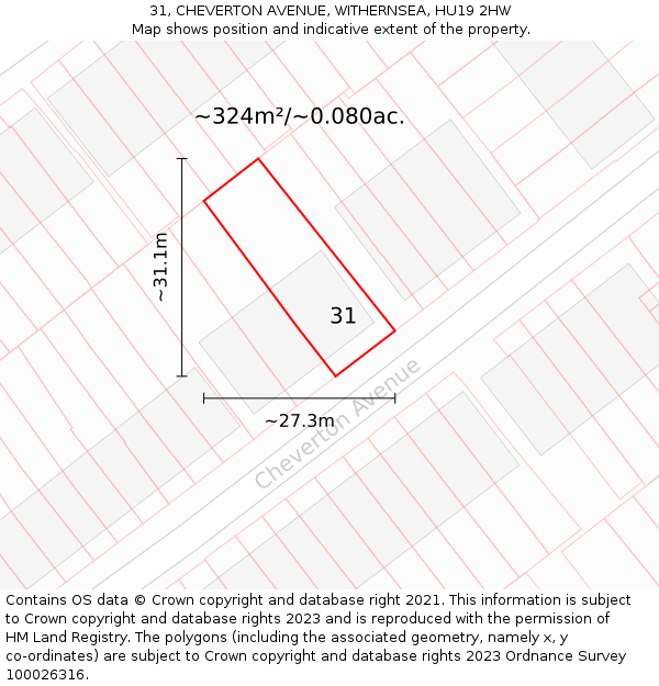 31, CHEVERTON AVENUE, WITHERNSEA, HU19 2HW: Plot and title map