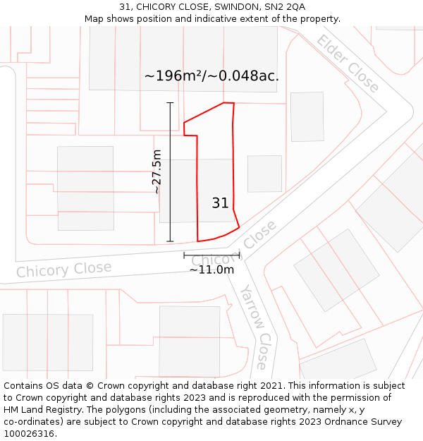 31, CHICORY CLOSE, SWINDON, SN2 2QA: Plot and title map