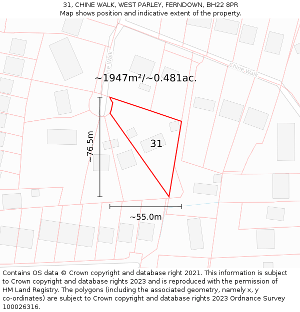 31, CHINE WALK, WEST PARLEY, FERNDOWN, BH22 8PR: Plot and title map