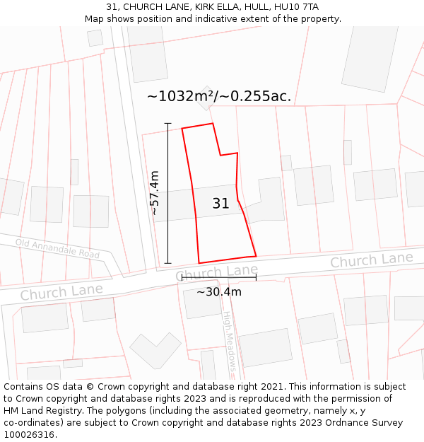 31, CHURCH LANE, KIRK ELLA, HULL, HU10 7TA: Plot and title map