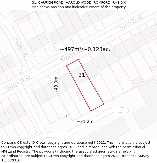 31, CHURCH ROAD, HAROLD WOOD, ROMFORD, RM3 0JX: Plot and title map