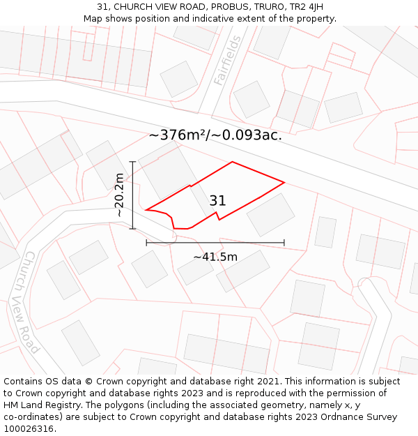 31, CHURCH VIEW ROAD, PROBUS, TRURO, TR2 4JH: Plot and title map