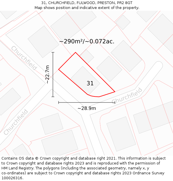 31, CHURCHFIELD, FULWOOD, PRESTON, PR2 8GT: Plot and title map