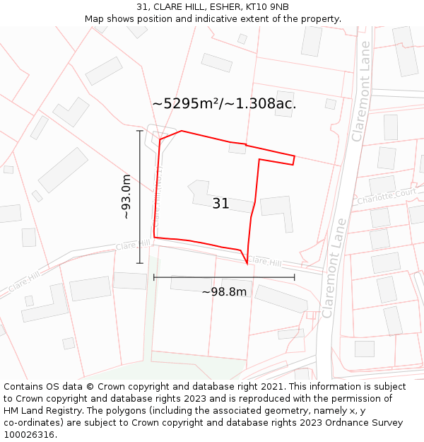31, CLARE HILL, ESHER, KT10 9NB: Plot and title map