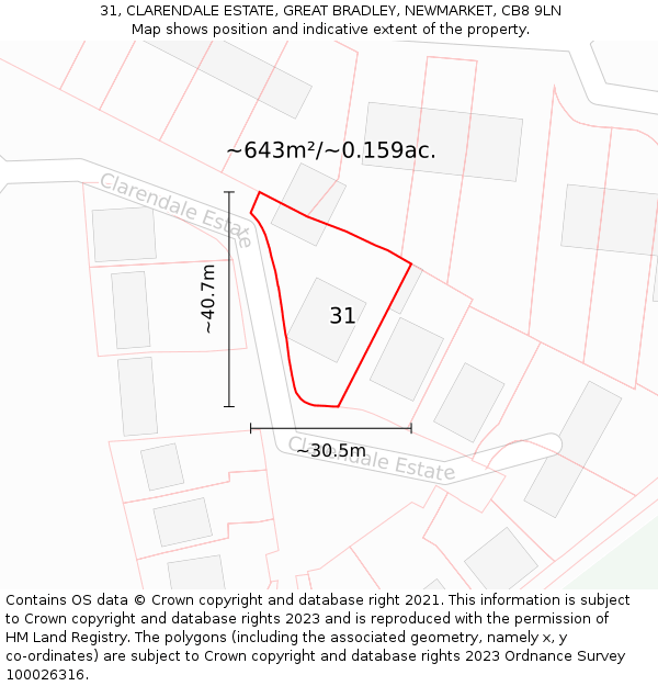 31, CLARENDALE ESTATE, GREAT BRADLEY, NEWMARKET, CB8 9LN: Plot and title map