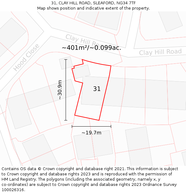 31, CLAY HILL ROAD, SLEAFORD, NG34 7TF: Plot and title map