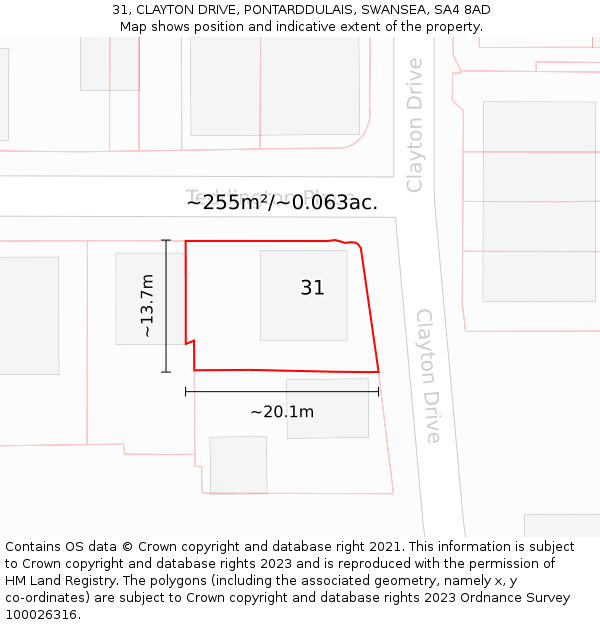 31, CLAYTON DRIVE, PONTARDDULAIS, SWANSEA, SA4 8AD: Plot and title map