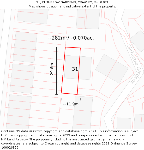 31, CLITHEROW GARDENS, CRAWLEY, RH10 6TT: Plot and title map