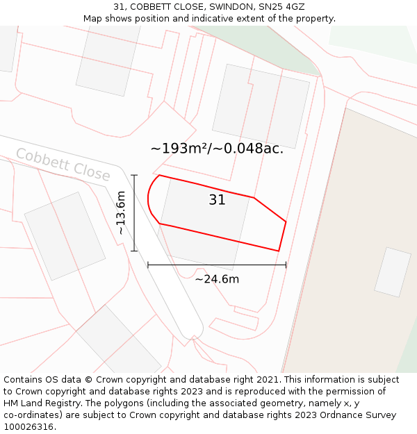 31, COBBETT CLOSE, SWINDON, SN25 4GZ: Plot and title map