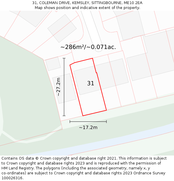 31, COLEMAN DRIVE, KEMSLEY, SITTINGBOURNE, ME10 2EA: Plot and title map