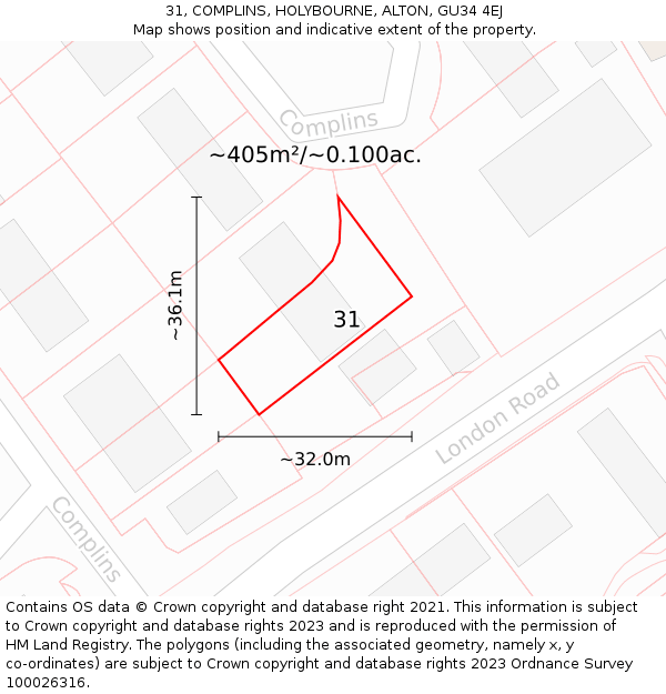 31, COMPLINS, HOLYBOURNE, ALTON, GU34 4EJ: Plot and title map