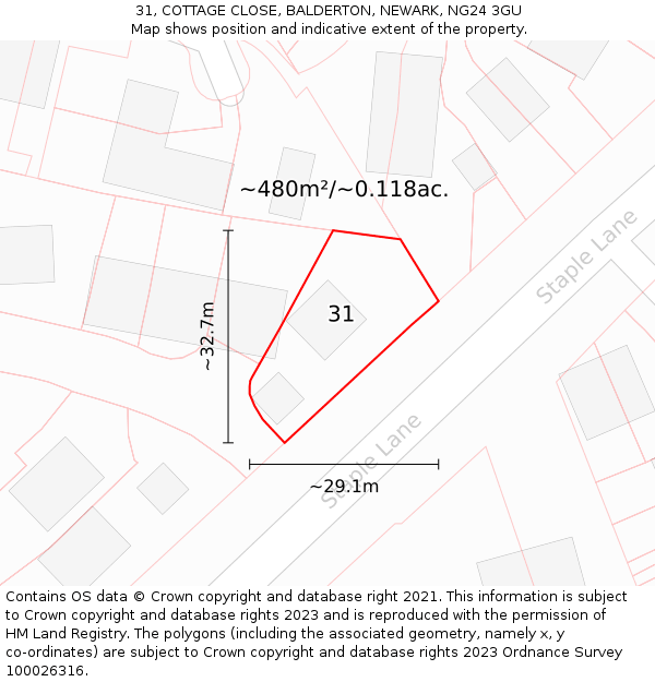 31, COTTAGE CLOSE, BALDERTON, NEWARK, NG24 3GU: Plot and title map