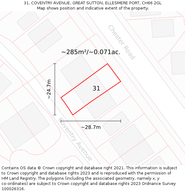 31, COVENTRY AVENUE, GREAT SUTTON, ELLESMERE PORT, CH66 2GL: Plot and title map