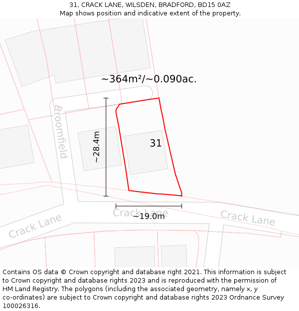 31, CRACK LANE, WILSDEN, BRADFORD, BD15 0AZ: Plot and title map