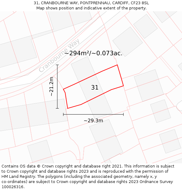 31, CRANBOURNE WAY, PONTPRENNAU, CARDIFF, CF23 8SL: Plot and title map