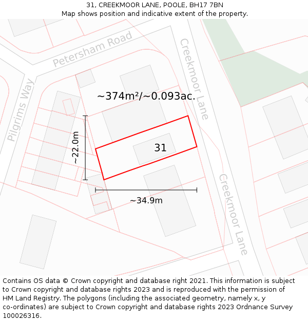 31, CREEKMOOR LANE, POOLE, BH17 7BN: Plot and title map