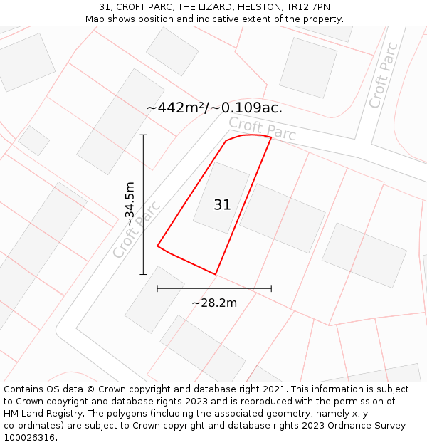 31, CROFT PARC, THE LIZARD, HELSTON, TR12 7PN: Plot and title map