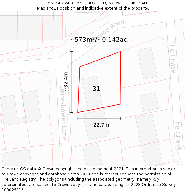 31, DANESBOWER LANE, BLOFIELD, NORWICH, NR13 4LP: Plot and title map