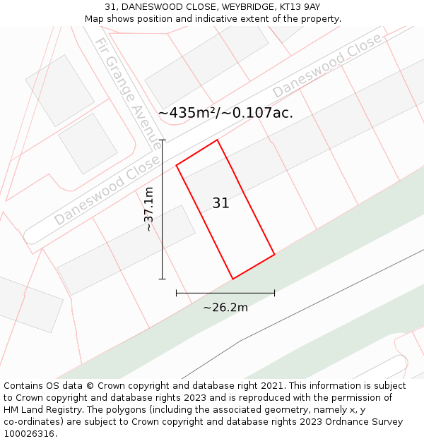 31, DANESWOOD CLOSE, WEYBRIDGE, KT13 9AY: Plot and title map