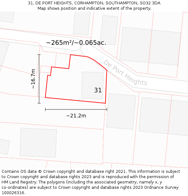 31, DE PORT HEIGHTS, CORHAMPTON, SOUTHAMPTON, SO32 3DA: Plot and title map