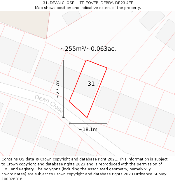 31, DEAN CLOSE, LITTLEOVER, DERBY, DE23 4EF: Plot and title map