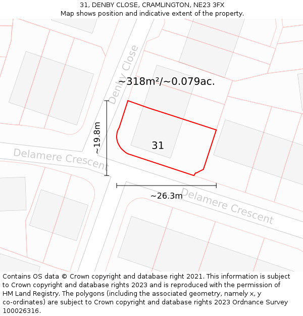 31, DENBY CLOSE, CRAMLINGTON, NE23 3FX: Plot and title map